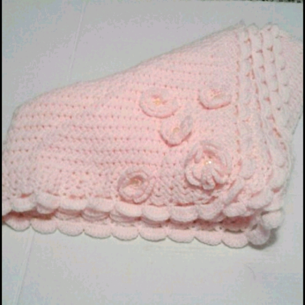 Vintage Handknitted Pink Crochet Baby Blanket Scalloped Edges & Flowers
